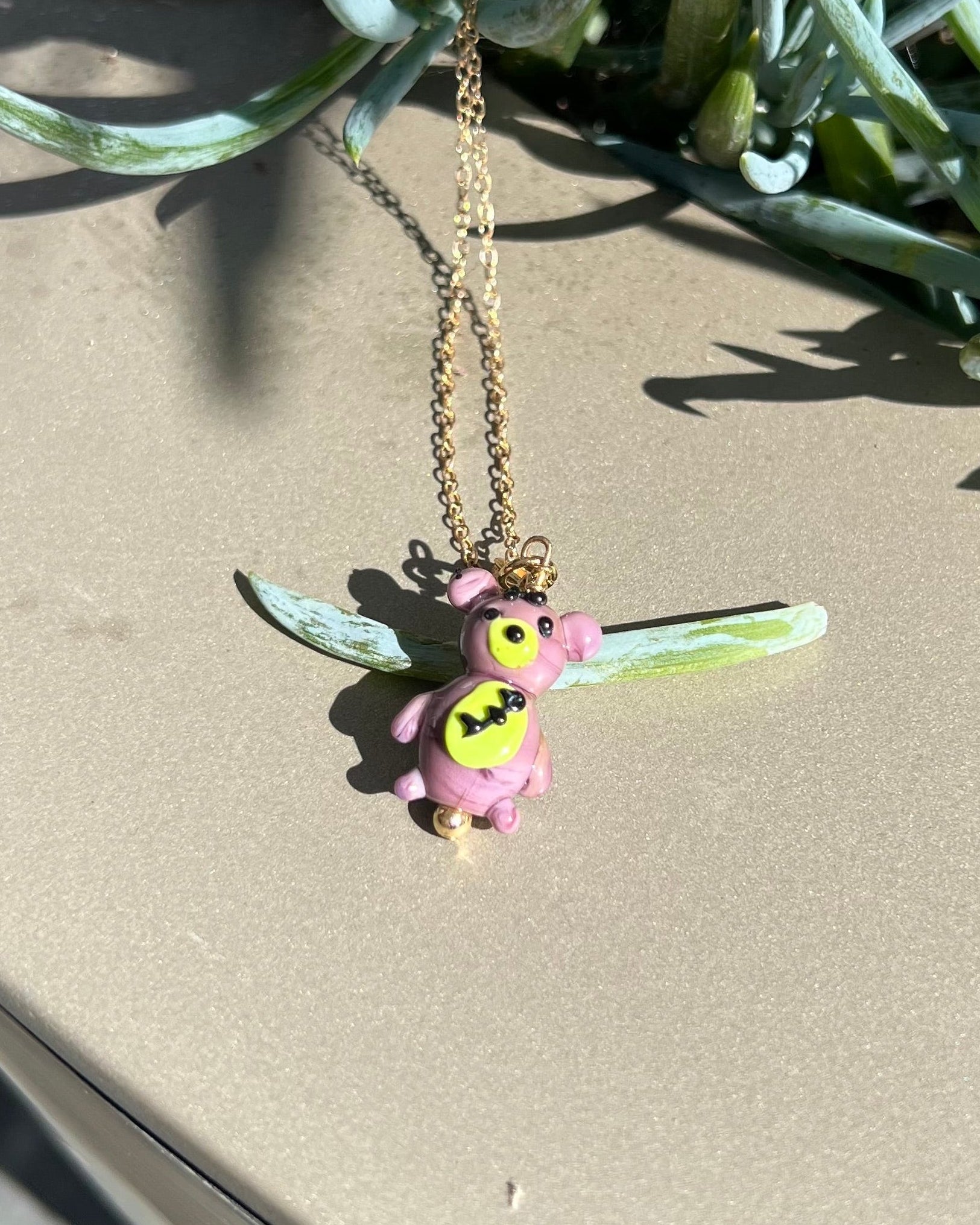 Handmade glass zombi bear necklace